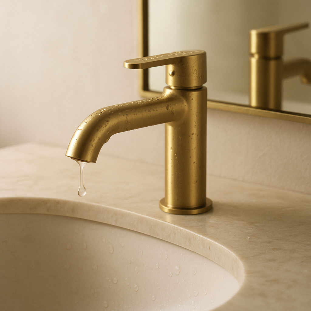 Dune Bath Co. brushed gold solid brass tapware on a marble vanity